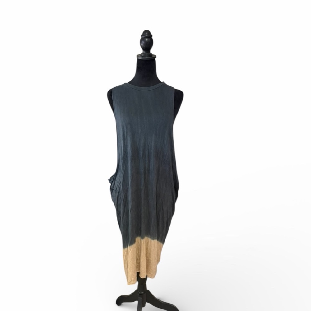 Sleeveless Grey & Cream Tie-Dye Knee-Length Dress ,Effortless Lagenlook Style - Picture 5 of 7
